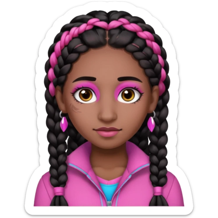 arikan, dark long hair whit pink 
and black braids. brown skin, smal round face and a big nose sticker