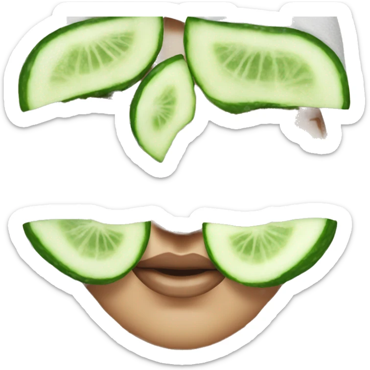 woman wearing shower towel on her head wuth cucumber slices on her eyes as a mask sticker