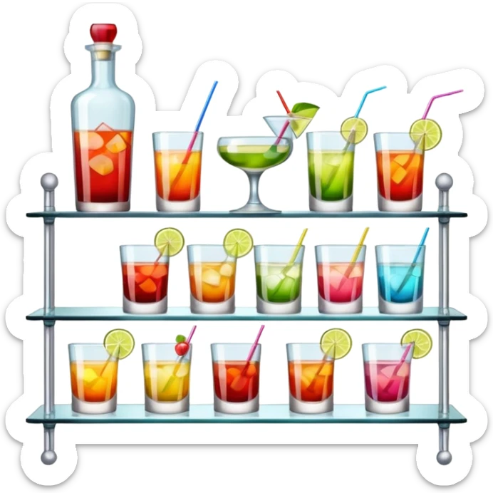 A glass shelf filled with cocktail bottles and fancy drinking glasses.
 sticker