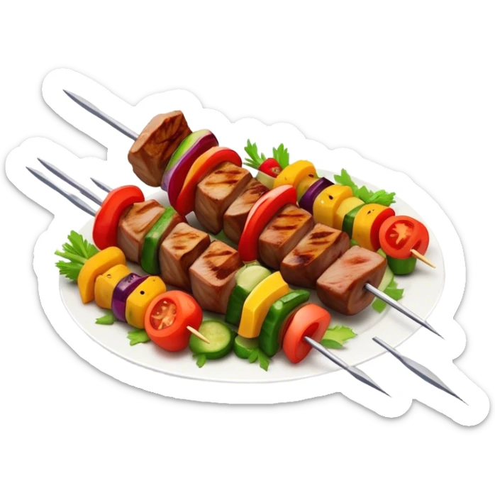 Cinematic Realistic Shish Kebab Dish Emoji, showcasing skewered, grilled meat with vibrant vegetables rendered with dynamic textures and warm, inviting lighting. sticker