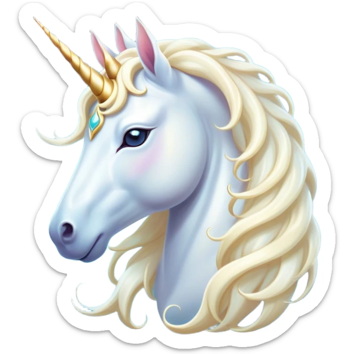 Beautiful and Majestic White Unicorn Portrait Emoji, Head and body exuding serene brilliance with a luminous, flowing mane and a gracefully spiraled horn, eyes gently closed in peaceful reverie, Simplified yet exquisitely enchanting features, highly detailed, glowing with a soft, celestial light, high shine, serene and utterly majestic, stylized with an air of timeless fantasy, soft glowing outline, capturing the essence of a beautiful and majestic white unicorn that embodies the pure magic of legend! sticker