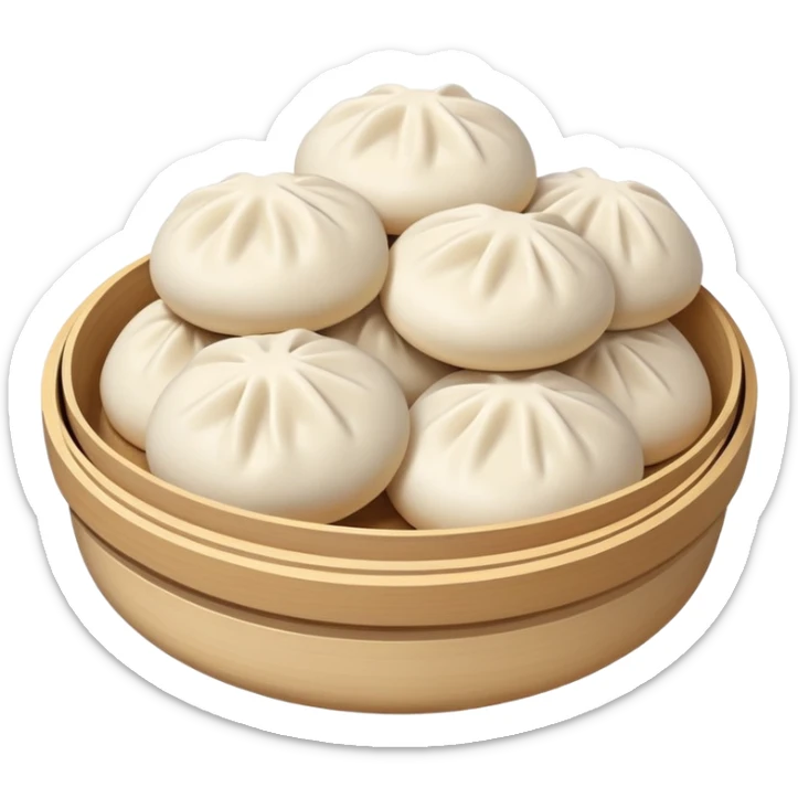 Tianjin Goubuli Baozi steamed buns with pinched top, simplified emoji style with bold outlines and bright colors, cartoon style northern Chinese specialty sticker