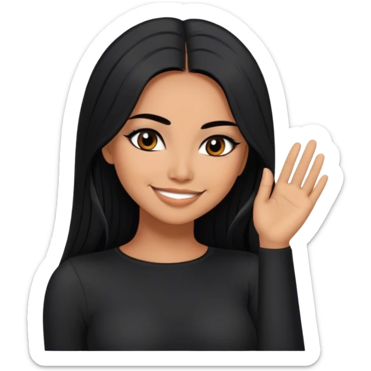 beautiful woman, with long straight black hair, with make up, black eye liner, smile, mexican, brown skin, wearing beautiful sexy black outfit, she has a shy attitude  sticker