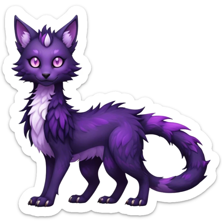 Kawaii dark purplish blackish edgy fantasy ethereal feline-vernid-sergal-fursona animal creature with a tufted tail full body with intricate markings  sticker