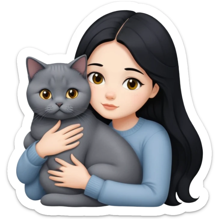 A beautiful girl with long black hair hugs a British Shorthair sticker