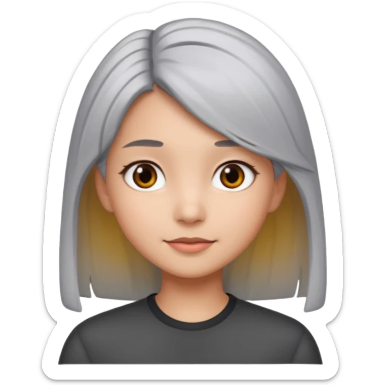 My emoji is fin and have the straight hair and her hair is  light gray hair and her  is dark gray eyes this a girl. She is Eurasian origin sticker