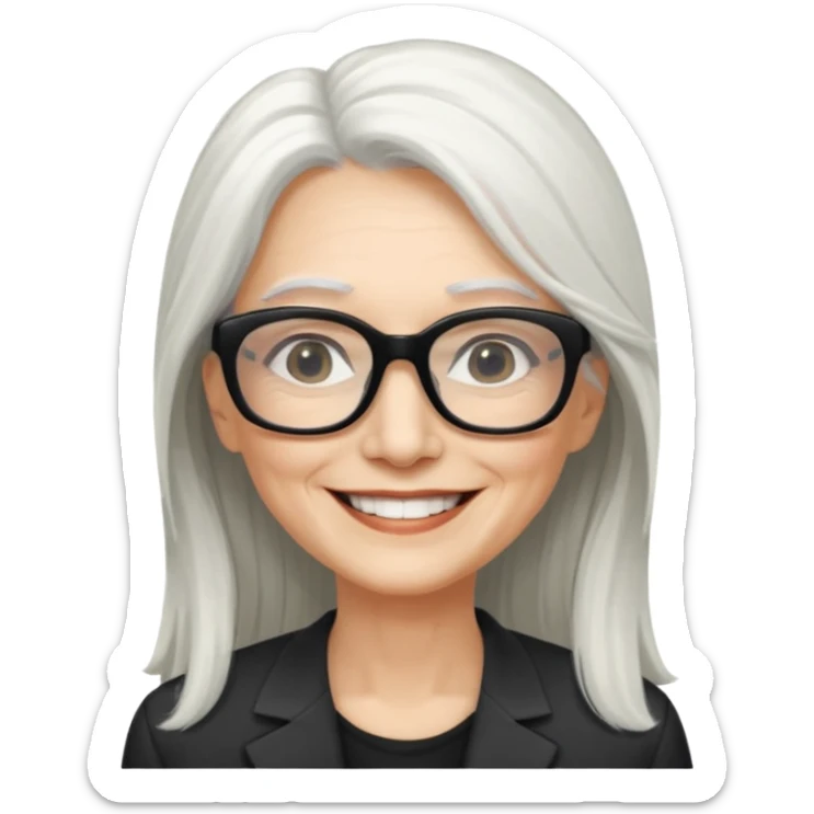 femme 60ans  avec de long cheveux blanc et des lunettes rectangles noir sourrir sticker