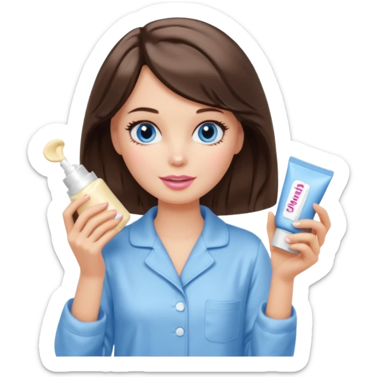 Barbie girl with makeup, blue eyes , and bob long haircut wavy, short brown hair in creamy color pajamas, face cream in hand sticker