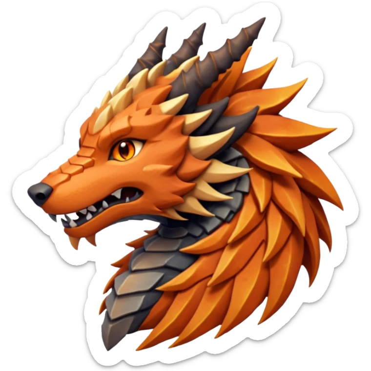 Majestic wolf-like dragon with red sandstone scales and layered plates resembling canyon rock formations. Crystallized mineral mane with copper and gold hues runs down its neck and back. Obsidian claws, amber eyes, and a tail of stone spires. Pokémon style. orange-ish brown fur/scales. sticker