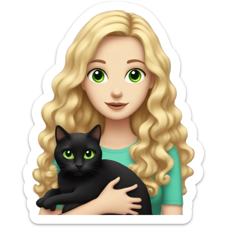 White girl with long curly read hair and blue eyes is holding a black cat with green eyes sticker