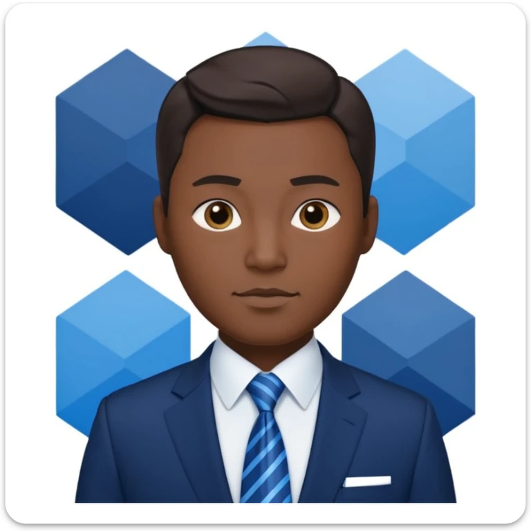 emoji of Korean male executive in navy suit and blue tie, modern blue and white geometric corporate background, showing leadership and trustworthiness sticker