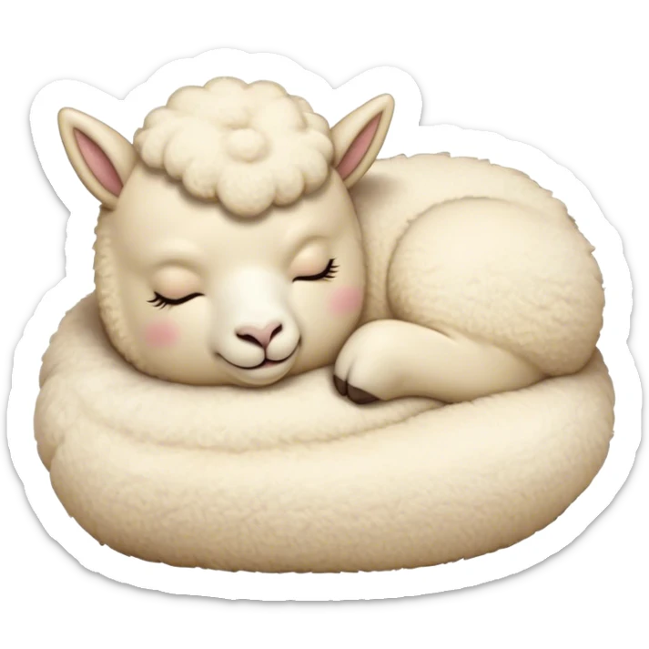 Meme-Worthy Cute Sleeping Cream Alpaca Portrait Emoji, Head resting peacefully with a contented smile, showcasing a delightfully robust build and a luxuriously soft cream fleece, eyes shut in a serene nap, Simplified yet hilariously adorable features, highly detailed, glowing with a soft, drowsy light, high shine, relaxed and utterly lovable, stylized with an air of playful laziness, bright and heartwarming, soft glowing outline, capturing the essence of a comically sleepy alpaca, so meme-worthy it feels like it could instantly become the next viral sensation of adorable slumber! sticker