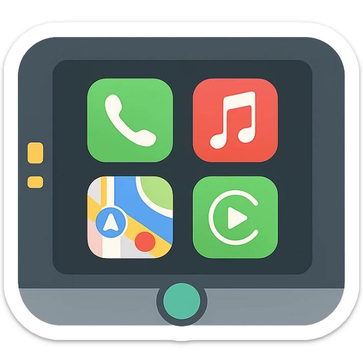 Apple CarPlay interface in a car, modern dashboard, vibrant colors, icon style sticker