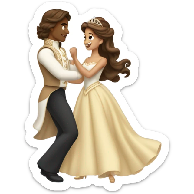 a princess with long brown hair and tan skin  dancing with a prince sticker