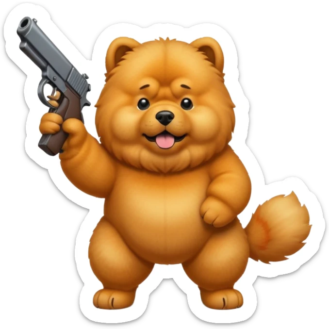 Funny cartoon-style chow chow dog standing on its hind legs and holding a gun menacingly sticker