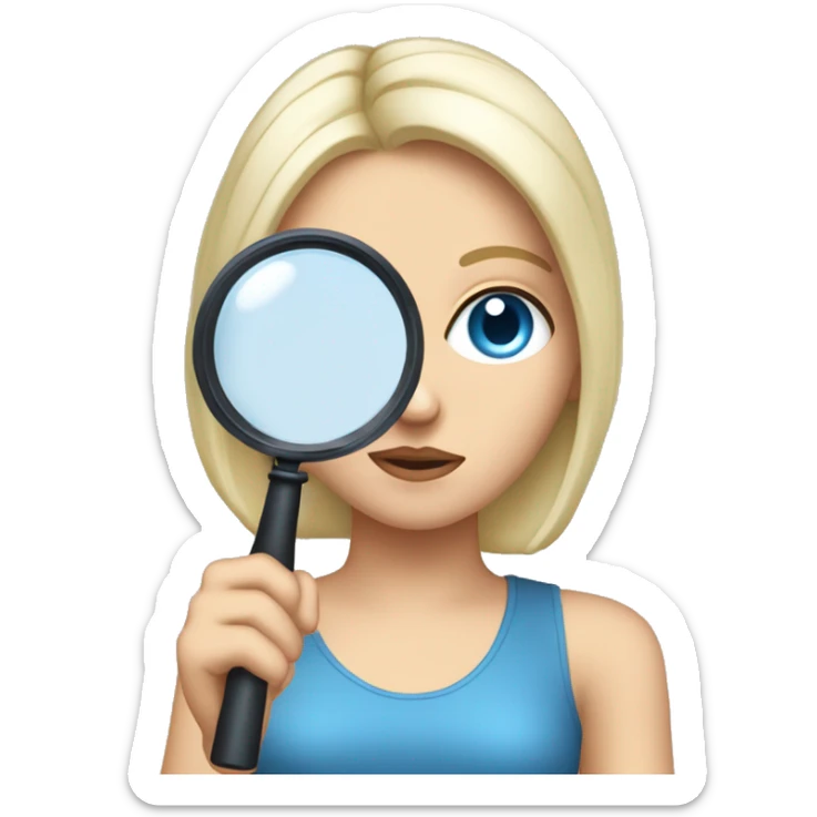 white girl with black hair and blue eyes holding a magnifying glass and suspisouce look sticker