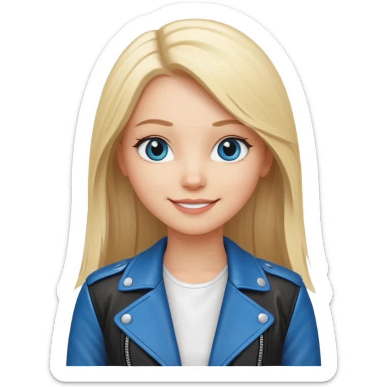 A white girl with long straight blonde hair, blue eyes and a white dress with a smiling black jacket sticker