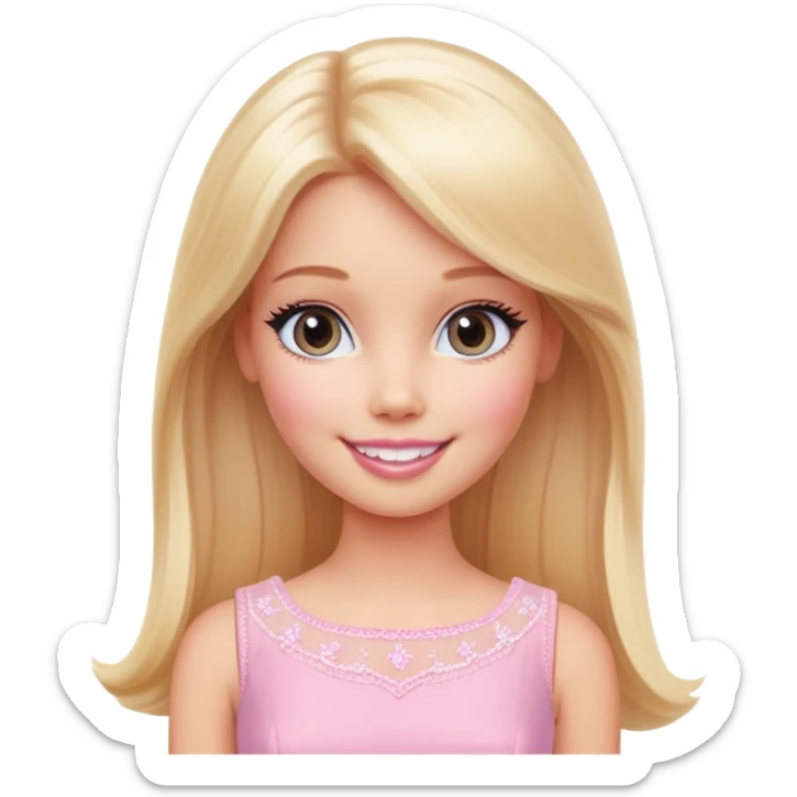 A cheerful Barbie-like girl with long, straight blonde hair, a warm smile, and a delicate pink dress, set against a soft pastel background sticker