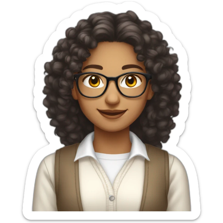 smiling indian teenage girl with curly hair and glasses wearing a collared long sleeve white shirt under a white sweatervest sticker