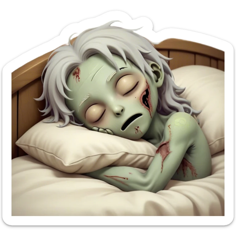 Meme-Worthy Cute Sleeping Zombie Portrait Emoji, with a delightfully quirky, slightly disheveled decaying face in soft ashen hues, head tilted back in peaceful, relaxed sleep with softly closed eyes and a tiny, endearing smile, simplified yet irresistibly charming, highly detailed with a soft eerie glowing outline that captures the gentle, unexpected cuteness of a zombie in serene repose! sticker