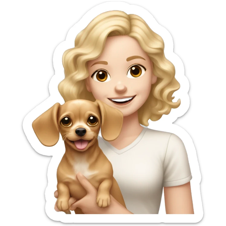 White girl with wavy blonde hair holding a beige chihuahua dachshund cocker spaniel mix happy with shorter ears sticker