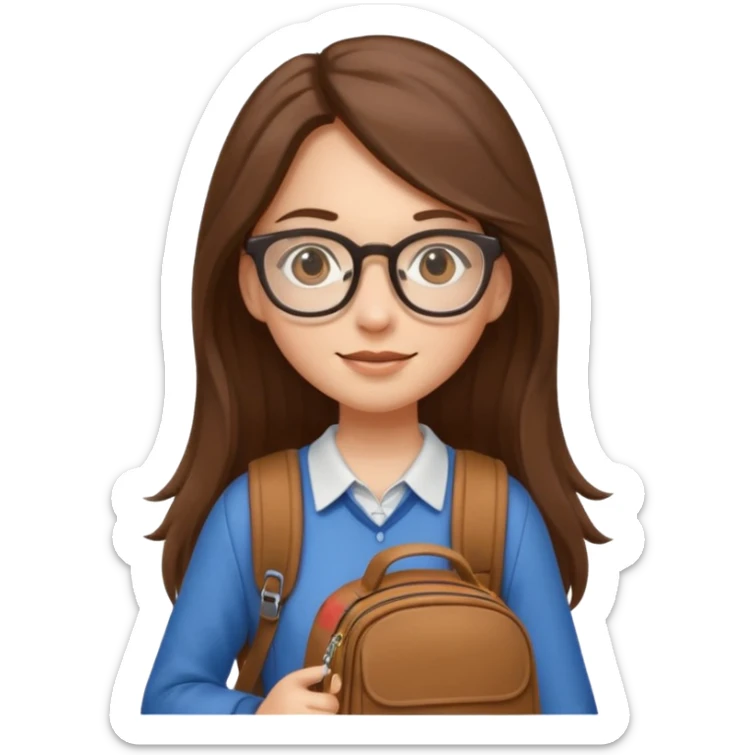 brown long hair woman, going to university wearing a glass, looks pretty no backpack just cure bag  sticker