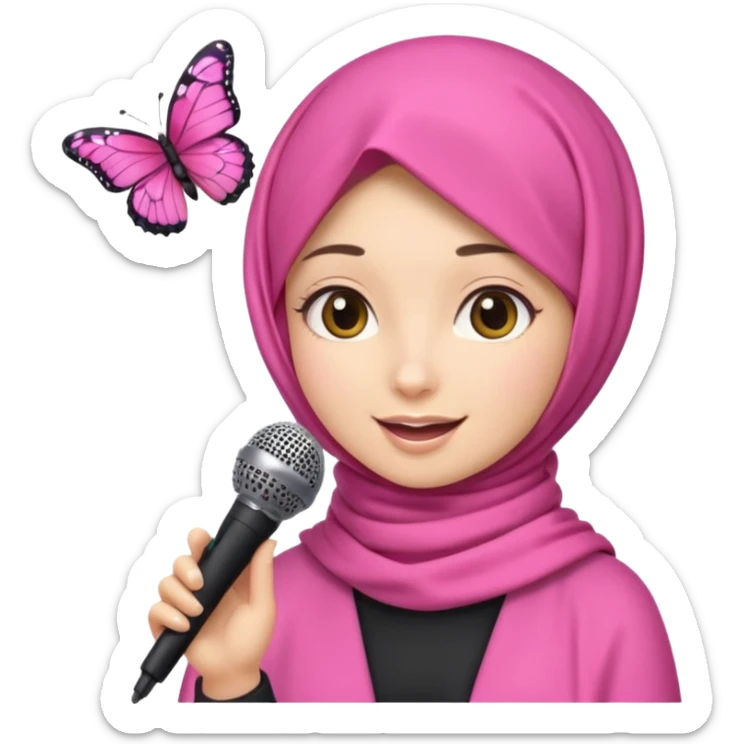 apple style emoji of a girl ASMR content creator in a modern pink hijab, butterfly hairclips on each side, holding a microphone, cheerful and welcoming sticker