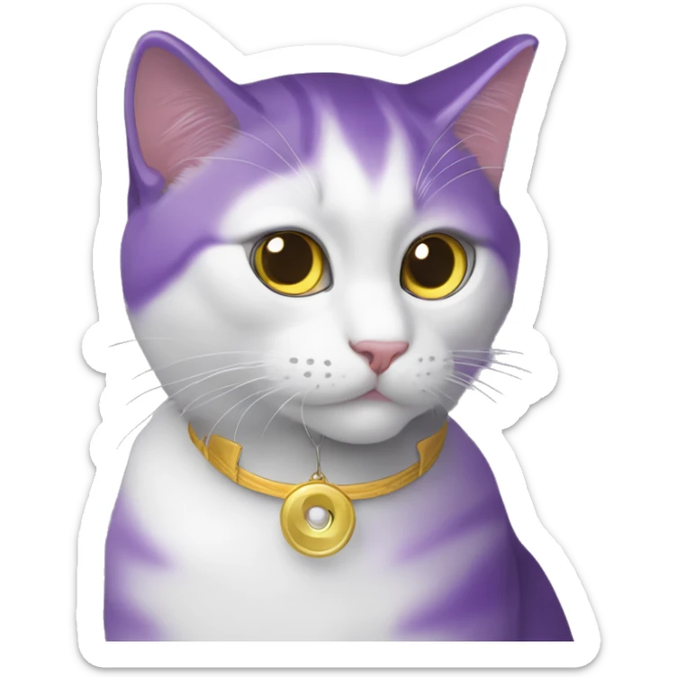 Un gato de color morado, ojos negros y pupilas blancas y un collar con una luna amarilla  sticker