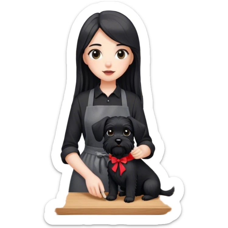 pale girl with long back hair wearing black long shirt wearing apron holding black  schnauzer sticker