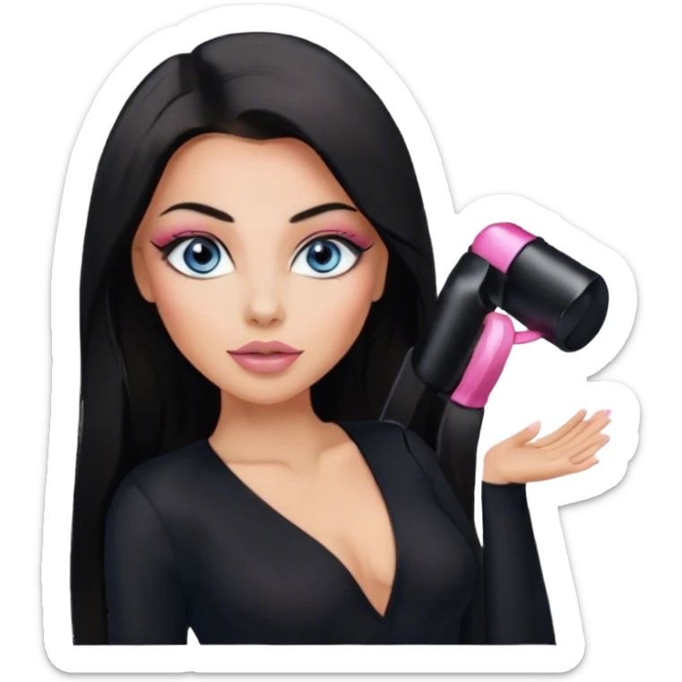 Glamours, tanned, beautiful, girl, with blue eyes, big pump peach-beige-rose lips, eyeliner, long lashes, black straight smooth silky long hair, parting hair in the middle,  in black v-neck bodysuit long sleeves sticker