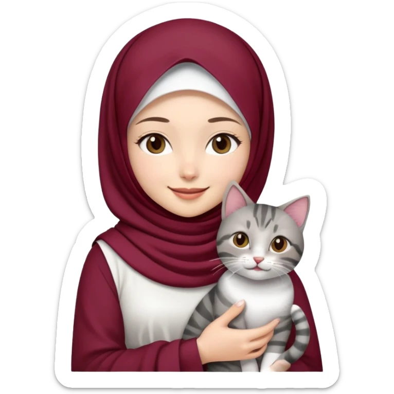 Asian white girl wearing  maroon hijab with white dress holding a black grey tabby cat while smiling sticker