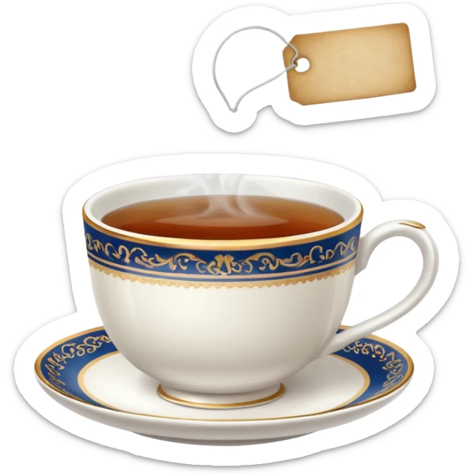 Teacup with steam rising and tea bag tag hanging down over the edge of the teacup sticker