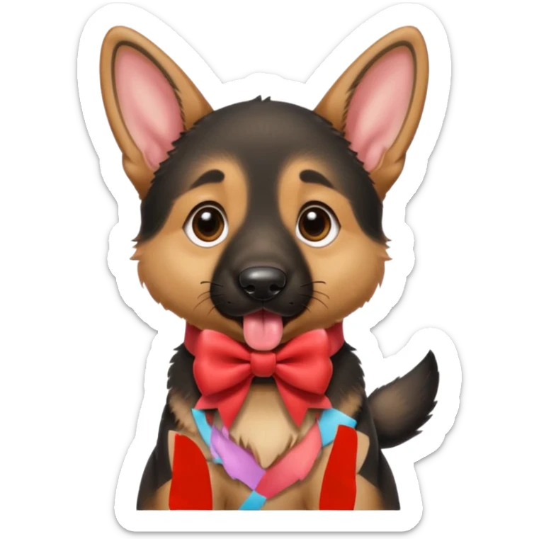 German shepherd puppy with the tonge out, with a bow in the neck, like a gift.  sticker