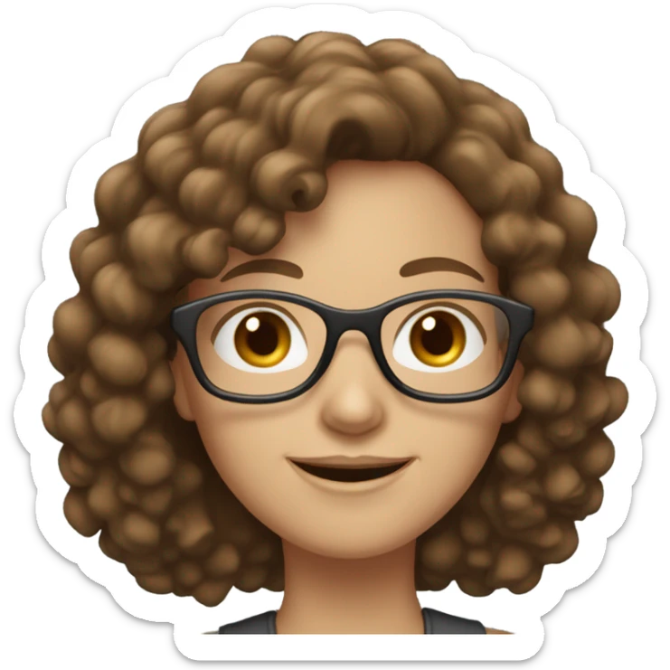 white skin woman with brown curly hair she has glasses and a smiley face sticker
