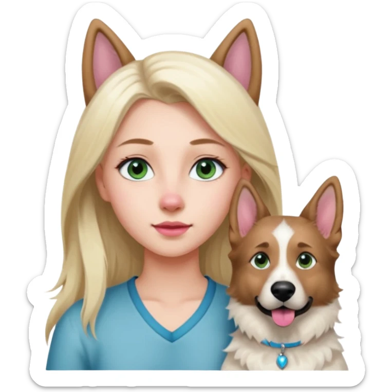 White European young woman with blue-green eyes and long blond hair with her white German Shepherd dog,the Dog hast a pink nose and short fur  and Brown eyes sticker