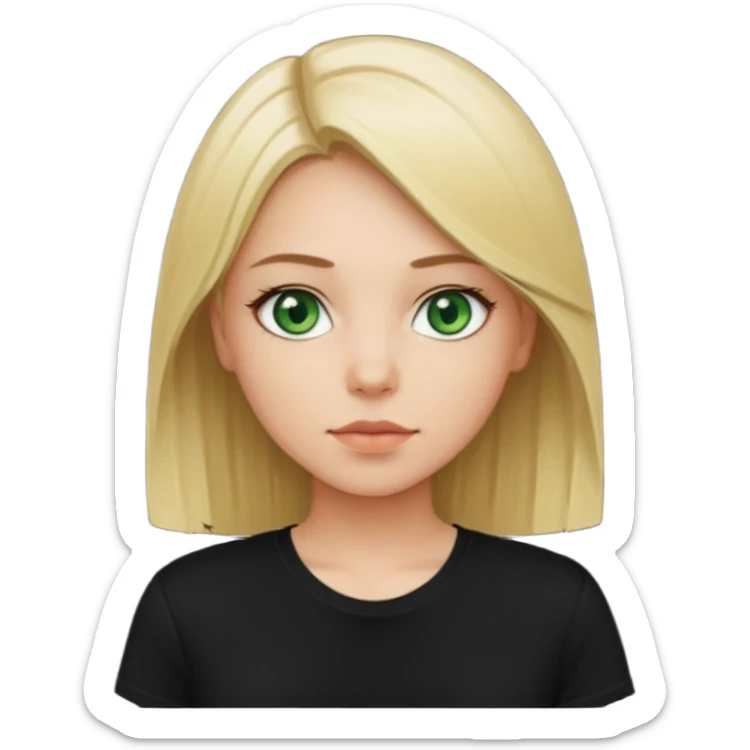 Girl with green eyes, blonde with straight hair to the chest in a black t-shirt sticker