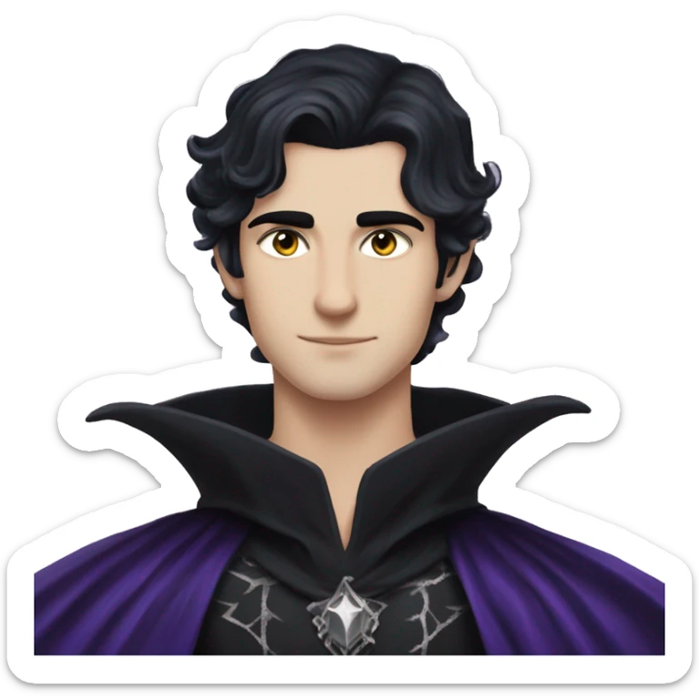 Rhysand has straight short blue-black hair, like a raven's feathers and violet/purple eyes with flecks of silver like starlight, he wears a black cloak and a black and silver crown sticker