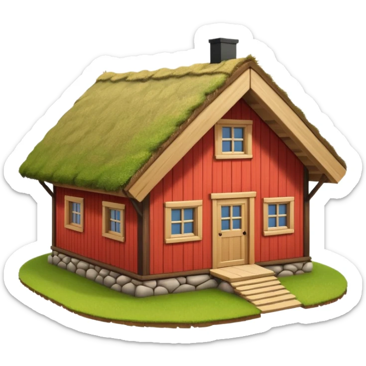 traditional Norwegian house with wooden walls, sod roof, minimal details, emoji style sticker