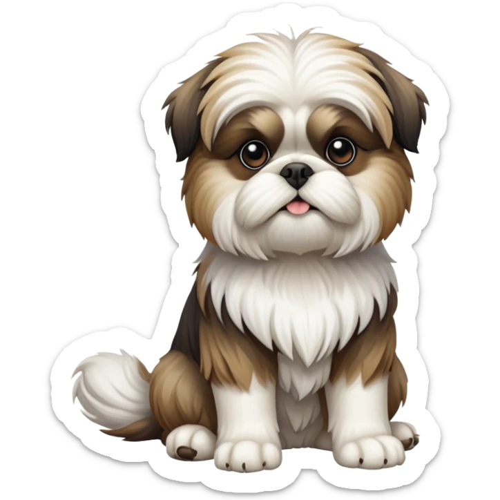 cinematic-[Shish tzu]-realistic-full-body-sitting-emoji,-tail-resting-loosely-beside-its-paws,-head-tilted-dramatically, -scruffy-[white]-fur,-simplified-yet-realistic-focused-features,-highly-detailed,-glowing-with-an-almost-sarcastic-glow sticker