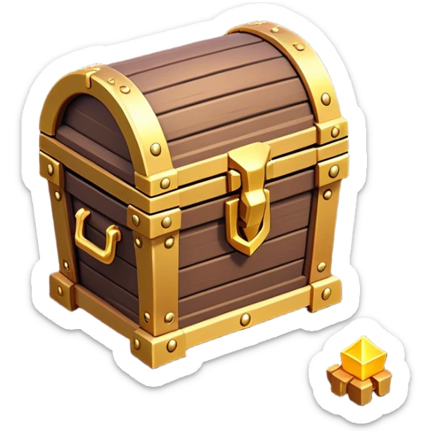 Clash of Clans aesthetic: Cinematic Playful 3D Isometric Treasure Chest Emoji, rendered in a 3D vector-style similar to standard emojis with minimal shading and bold, simplified shapes. A compact, distinct form with signature details, softly glowing with a fantasy RPG magic charm. Simplified yet unmistakably iconic, highly detailed and consistent, glowing with a soft radiance and high shine. Stylized with a touch of heroic grandeur and a soft glowing outline, capturing the essence of a beloved gaming relic with a friendly, playful manner! sticker