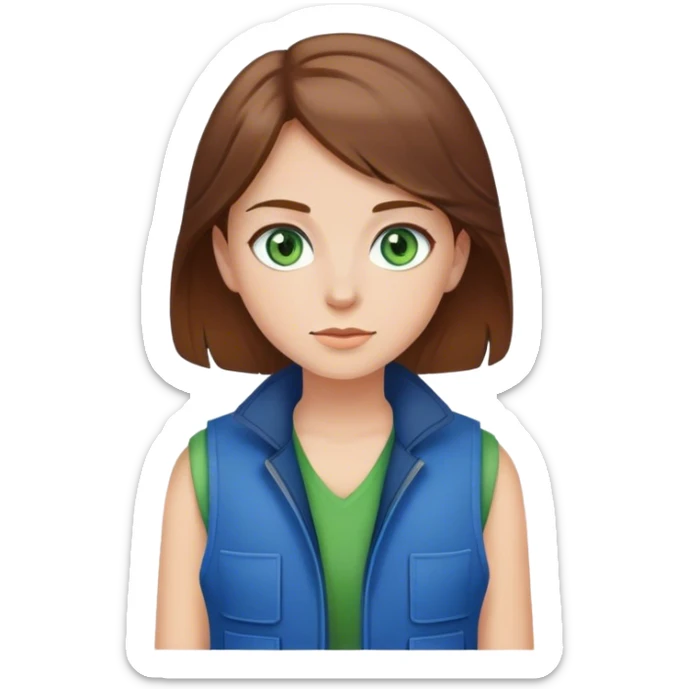 Girl with brown hair, green eyes and a blue vest  sticker