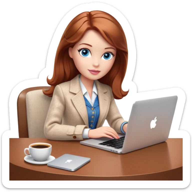 A Barbie girl with blue eyes, shoulder-length reddish-brown hair, made-up, wearing a white tweed jacket and beige skirt, is sitting at a table with a MacBook and a cup of coffee sticker