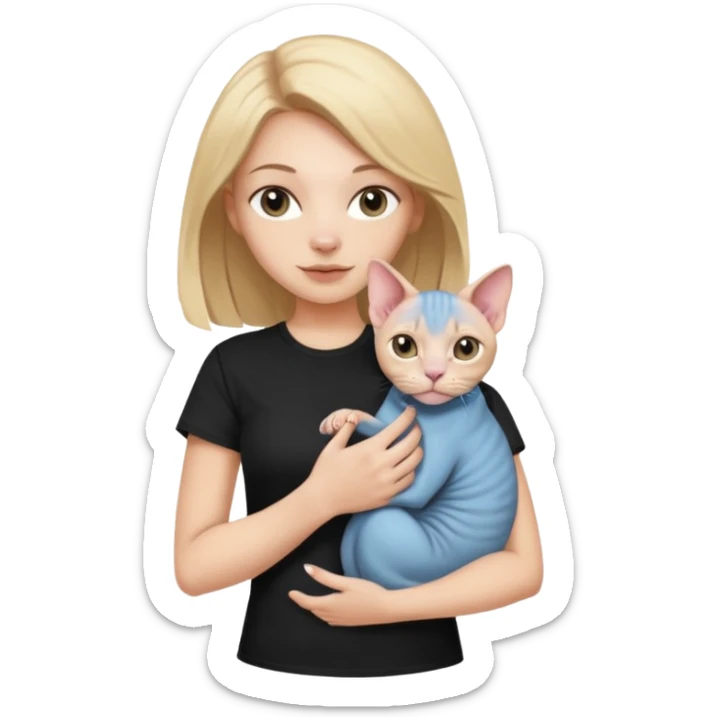 A white girl with light hair in black T-shirt is holding a Sphynx girl cat in her arms sticker