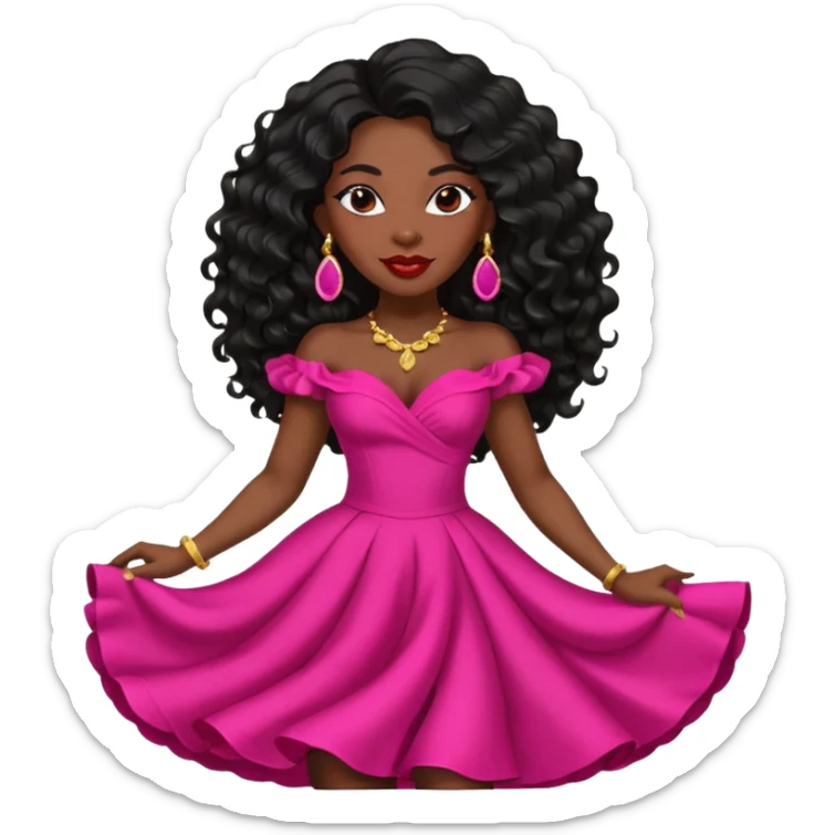 mature confident Black woman with long black wavy hair, pink lipstick, red dance dress, big earrings sticker