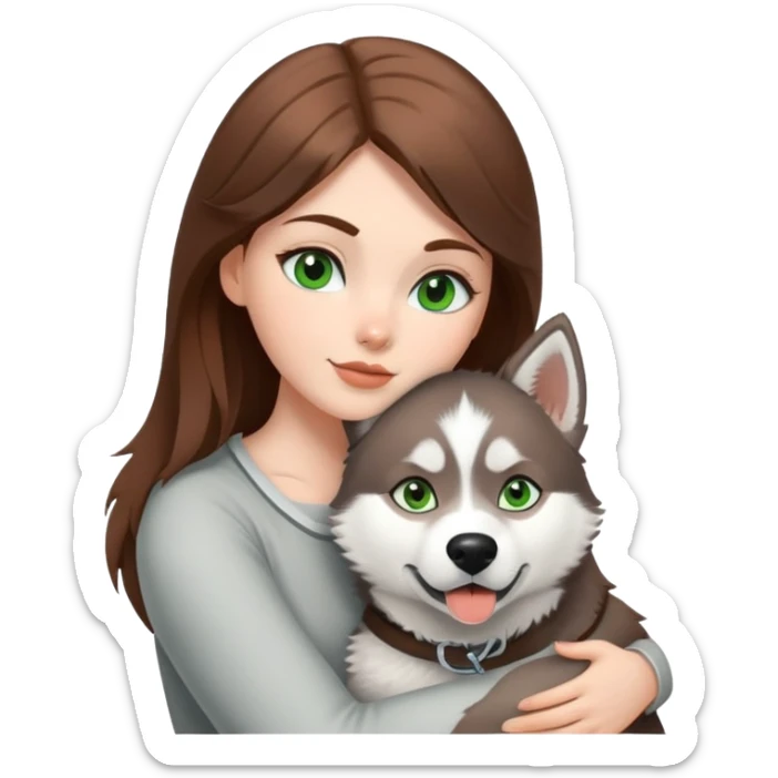 White girl white Green eyes and brown hair make a hug to a husky white ans grey white brown eyes  sticker