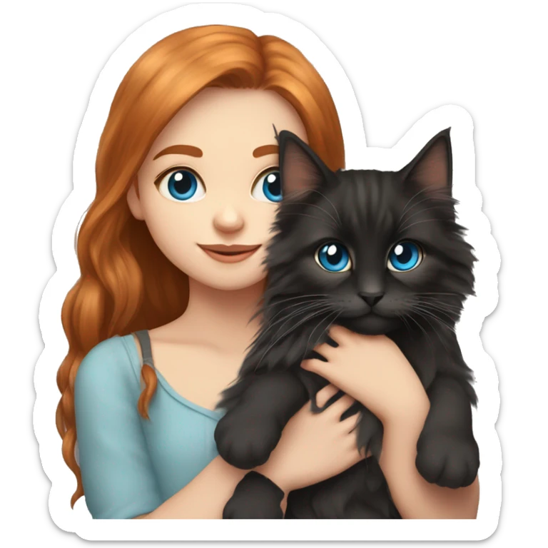 Cute girl with long ginger hair and blue eyes Holds in her arms Black Maine coon sticker