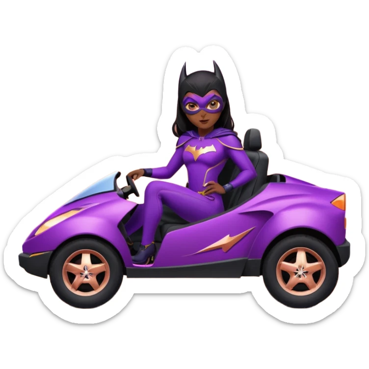 Hot full size real-appearance racing action (Darkness in her soul) BatGirl’s feminine midnight-purple tight outfit sixty’s tv show 1992 stealth retro cat burglar sporty petite off-road pursuit mobile cruiser car rose gold accents (black hair,reclined and relaxed seating position and attitude) desert sticker