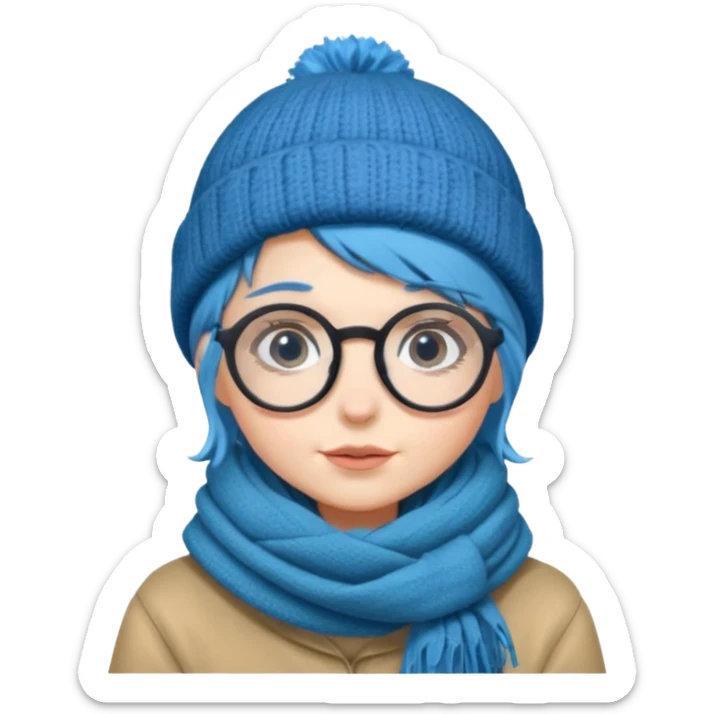 A shy blue straight hair woman with big round glasses and thick scarf and a beanie, blushing from the cold. sticker