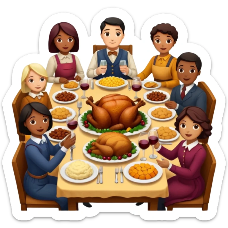 Thanksgiving Dinner with 10 people of different skin color around the table; have the food be a cooked turkey, mashed potatoes, corn, a basket of biscuits, a small bowl of cranberry sauce, baked yams, steamed vegetables, and a bottle of wine. sticker