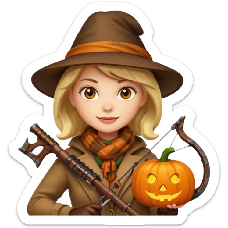 female human monster hunter emoji, wearing brown coat and hat, holding crossbow, soft smile, scarf, glowing pumpkin by her side, Halloween fantasy style, clean vector Apple emoji look, bright colors, white background, square sticker